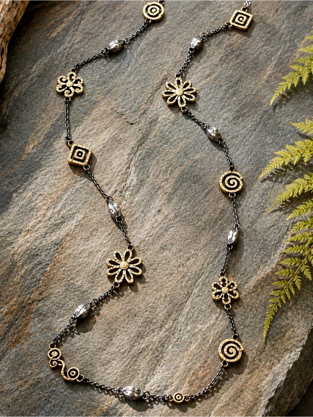 Brighton Retired Floral Spiral Station Necklace 39” Silver Gold Boho